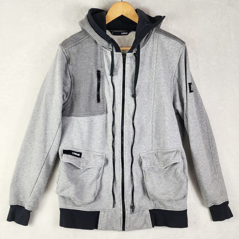 Comune Full Zip Hoodie Men L Grey Black Streetwear Long Sleeve w/ Pockets Y2K
